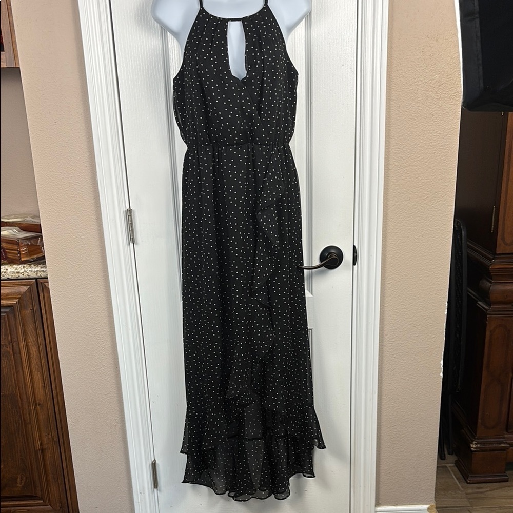 BCX Women's Black and White Polka Dot Cut Out Tiered Maxi Dress Size S